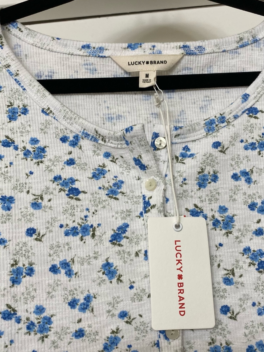 Lucky Brand White Short Sleeve Henley with Blue Floral Print - Picture 7 of 10